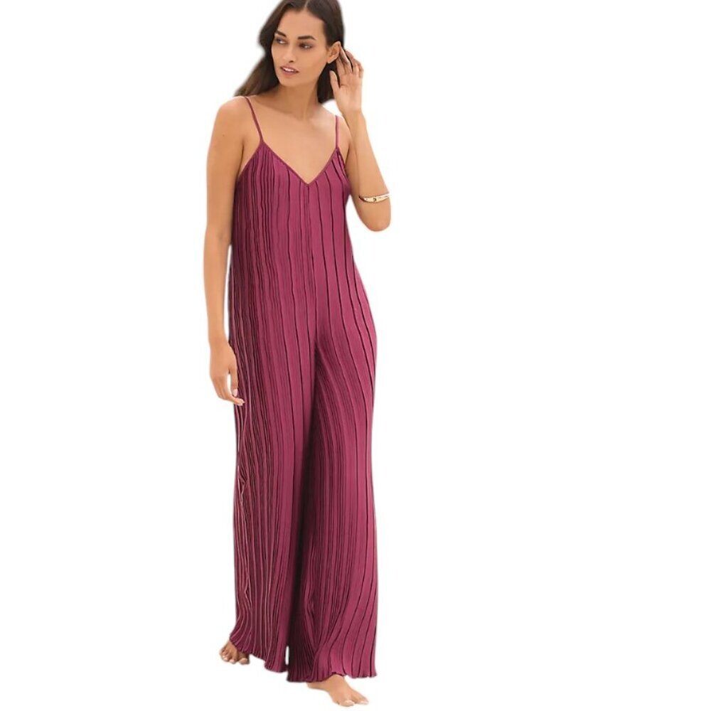 Anthropologie Sleeveless Plissé Wide Leg Tie Back Jumpsuit in Wine, Size S, NWT